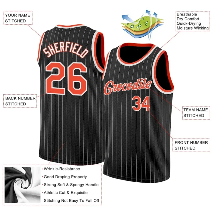 Custom Black White Pinstripe Orange-White Authentic Basketball Jersey - Image 2