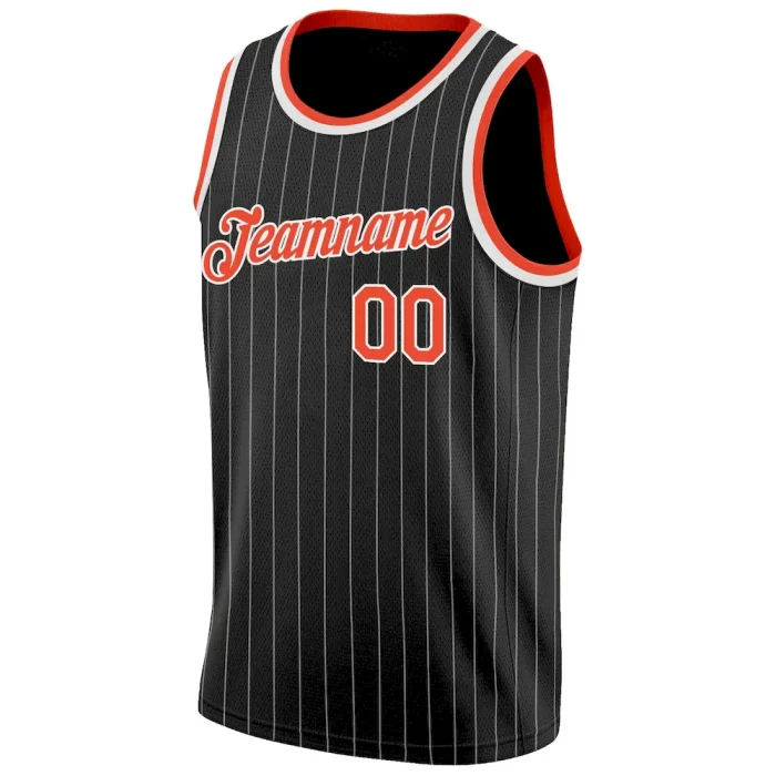 Custom Black White Pinstripe Orange-White Authentic Basketball Jersey - Image 5