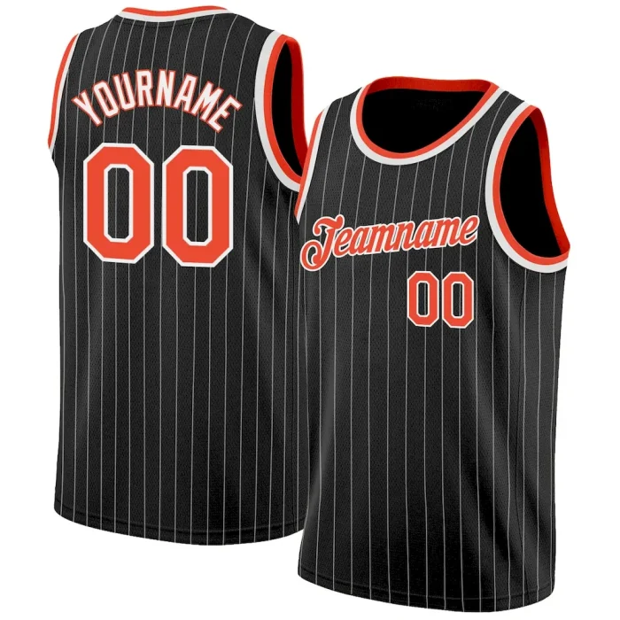 Custom Black White Pinstripe Orange-White Authentic Basketball Jersey - Image 1