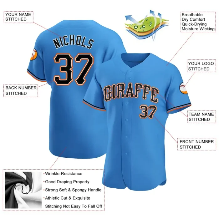 Custom Powder Blue Black-Orange Authentic Baseball Jersey - Image 3