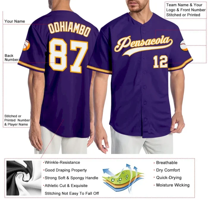Custom Purple White-Gold Authentic Baseball Jersey - Image 3