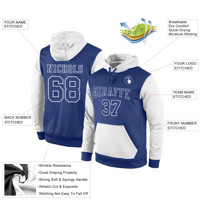 Custom Stitched Royal Royal-White Sports Pullover Sweatshirt Hoodie - Image 2