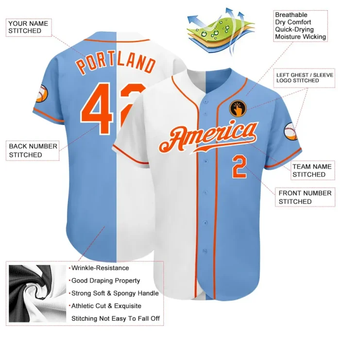 Custom Light Blue Orange-White Authentic Split Fashion Baseball Jersey - Image 3
