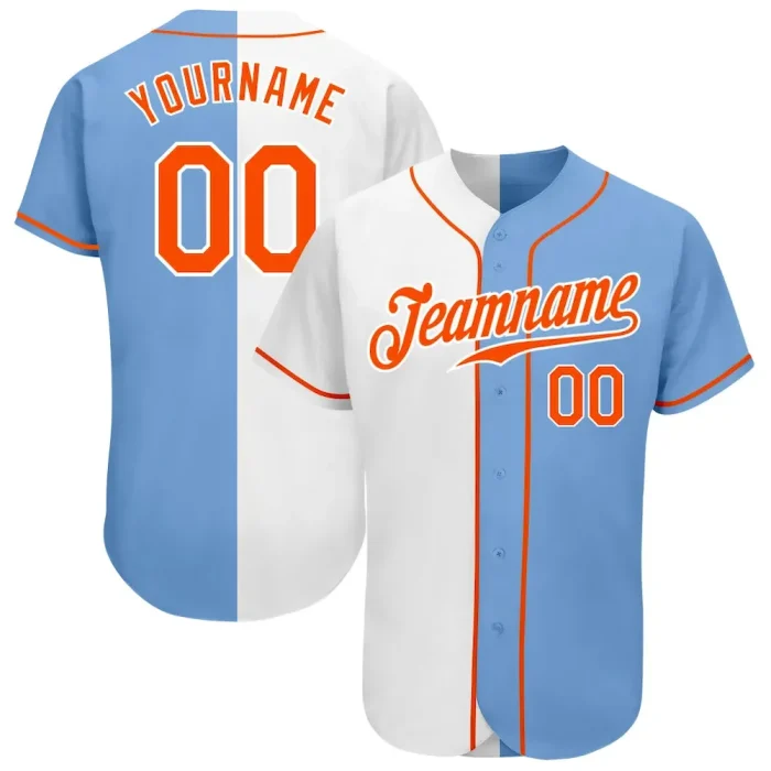 Custom Light Blue Orange-White Authentic Split Fashion Baseball Jersey - Image 1