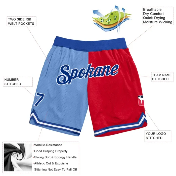 Custom Light Blue Royal-Red Authentic Throwback Split Fashion Basketball Shorts - Image 2