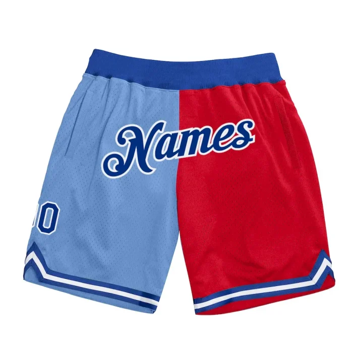 Custom Light Blue Royal-Red Authentic Throwback Split Fashion Basketball Shorts - Image 1